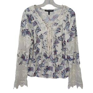 White House Black‎ Market blouse Size L Paisley Print Lace Embroidered Bohemian